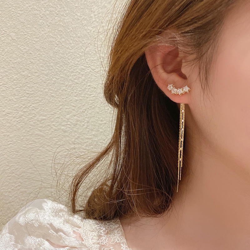 Anting Tusuk Gantung Panjang Sterling Silver 925 Desain Bintang Hias Berlian Gaya Elegan / Mewah Untuk Wanita