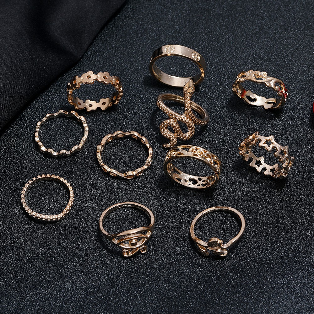 【COD Tangding】9pcs/set Retro Rose Five-pointed Star Sunflower Hollow Carved Ring Fashion Women Joint Ring Jewelry Accessories