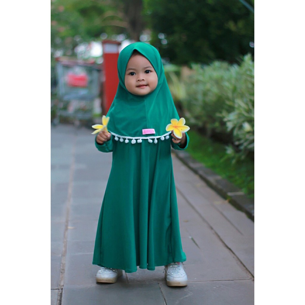 Baju Muslim Anak Perempuan / Gamis Anak Perempuan Cantik Pompom Jersey Import 1 Tahun / Gamis Bayi