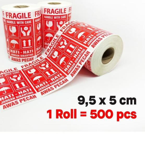 

♪ Sticker Label Fragile Hati-Hati Awas Pecah 9,5x5 cm (1 roll/ 500 pcs) - Dasar Merah ✺