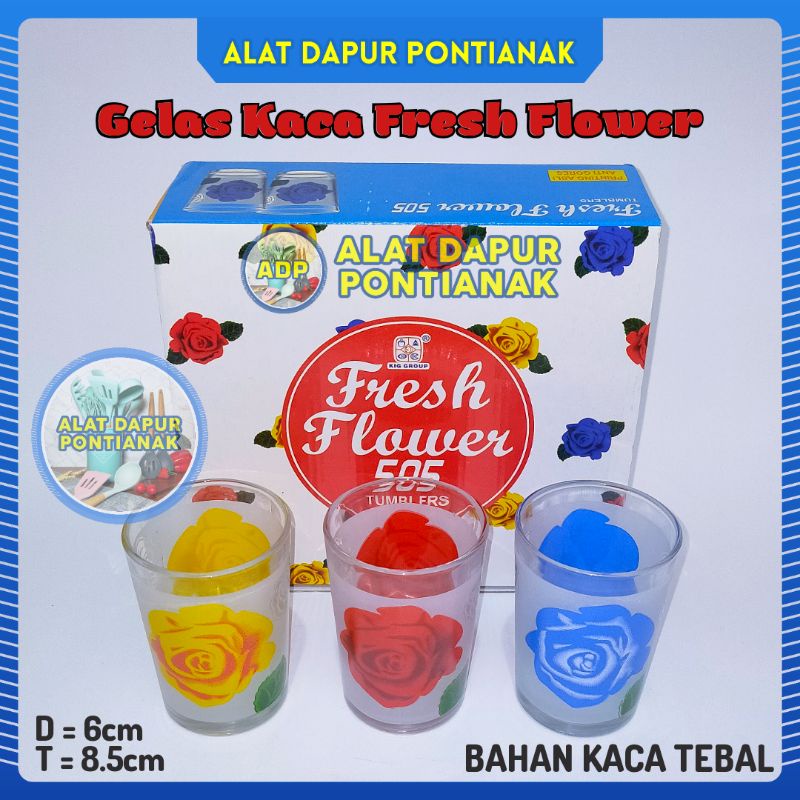 6Pcs Set Gelas Kaca Cantik Tebal Fresh Flower Motif Kembang Bunga Mawar Rose Kedaung KIG Group