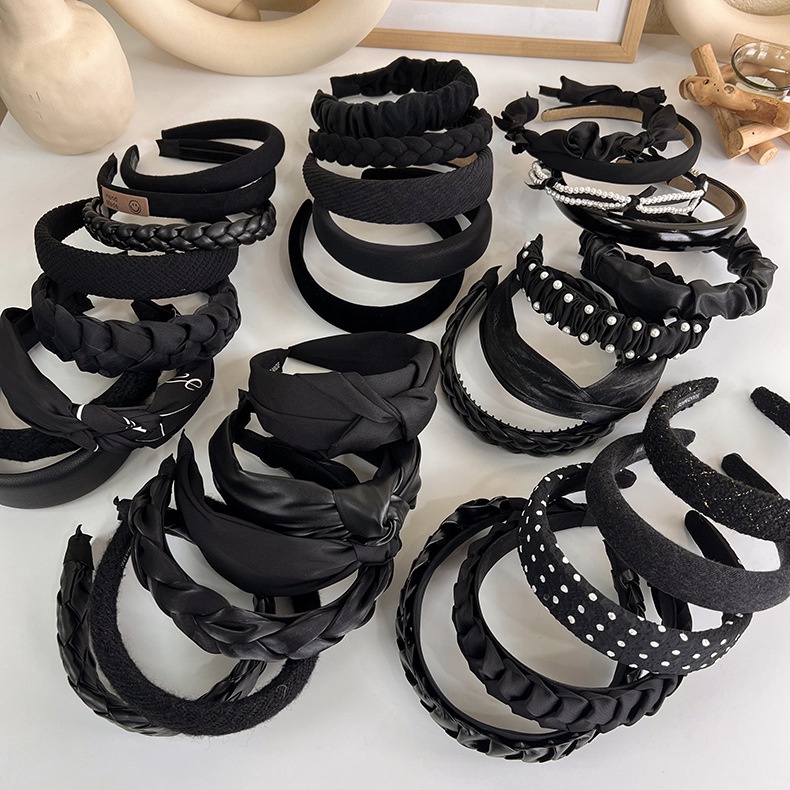 BANDO VARIASI HITAM BANDANA BLACK COLLECTION HEADBAND HAIR BAND KOREA PADDED BENDO MOTIF GARIS BUNGA BULU LEMBUT LEBAR WIDE BRIMMED