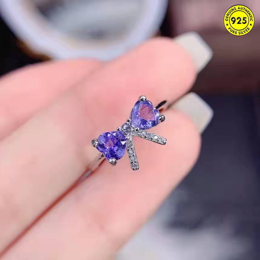 Cincin Model Terbuka Desain Pita Hias Batu Permata Tanzanite Alami Untuk Wanita