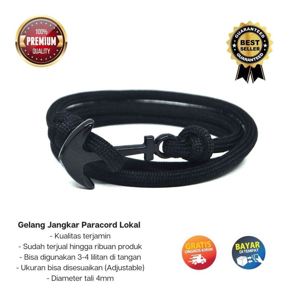 Gelang Hitam Polos Pria Wanita Jangkar Paracord 4mm