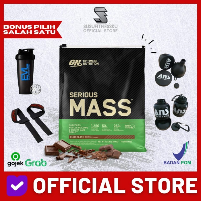 Suplemen Fitness ON Serious Mass 12 Lb Weight Gainer Formula for HardGainer - Coklat, Bonus Shaker T