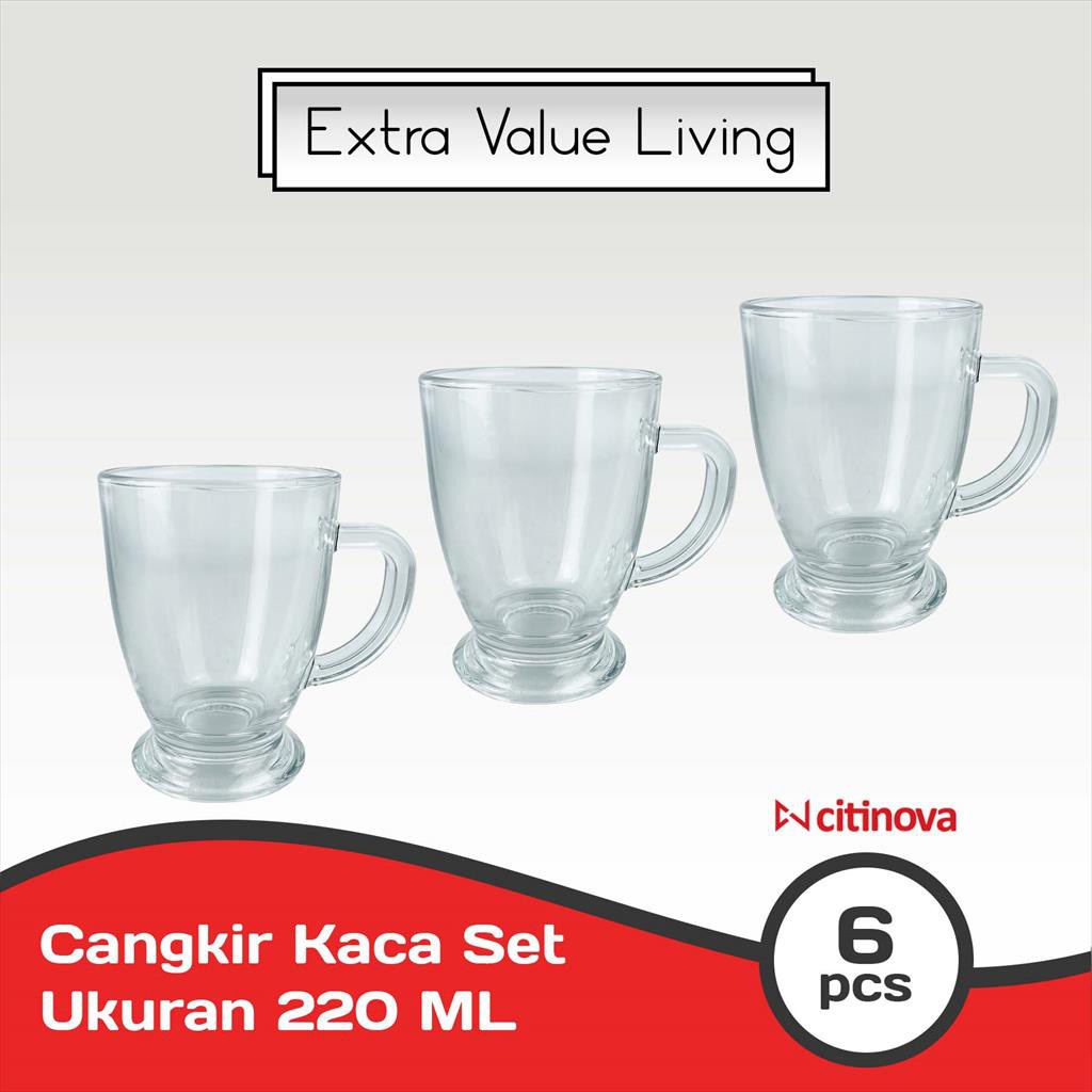 CITINOVA Gelas Kaca Pialaku 6 Pcs 220 ML Gelas Kopi Cangkir Teh Kaca