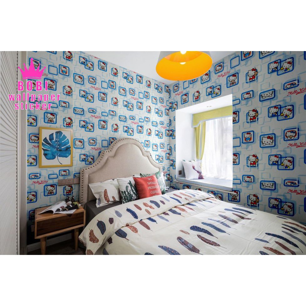 Wallpaper Sticker Motif Hellokity Biru Kotak 5319-1  / Wallpaper New 2020 / Ukuran 9mx45cm