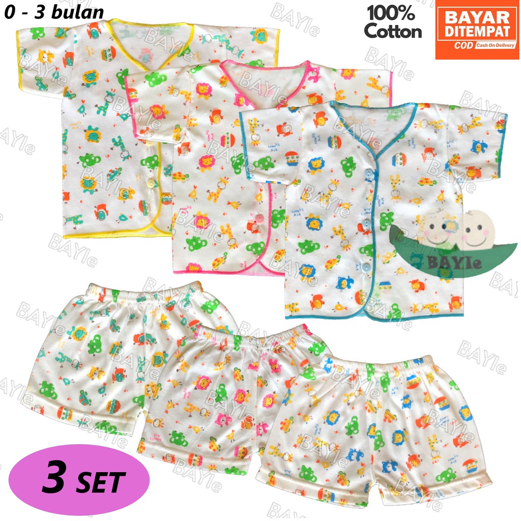 BAYIe - 3 SET Setelan Baju Bayi Pendek+Celana Pendek New Born Motif TABUR NECI RYN umur 0-3 bulan