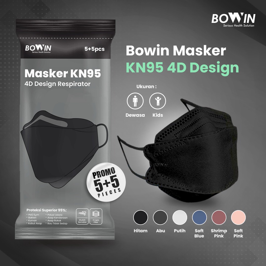 Bowin Masker KN95 4D Design 95% BFE PFE (Masker Kesehatan Model KF94) - KN95(4D DESIGN)