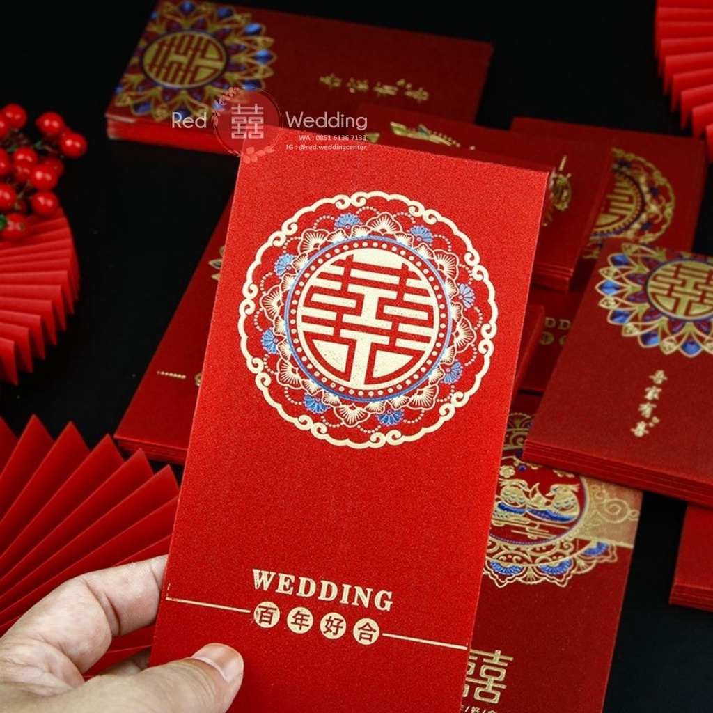 Kantong Amplop Angpao Wedding PREMIUM GLITTER Logo Xi Merah Design Aesthetic Mewah Angpau