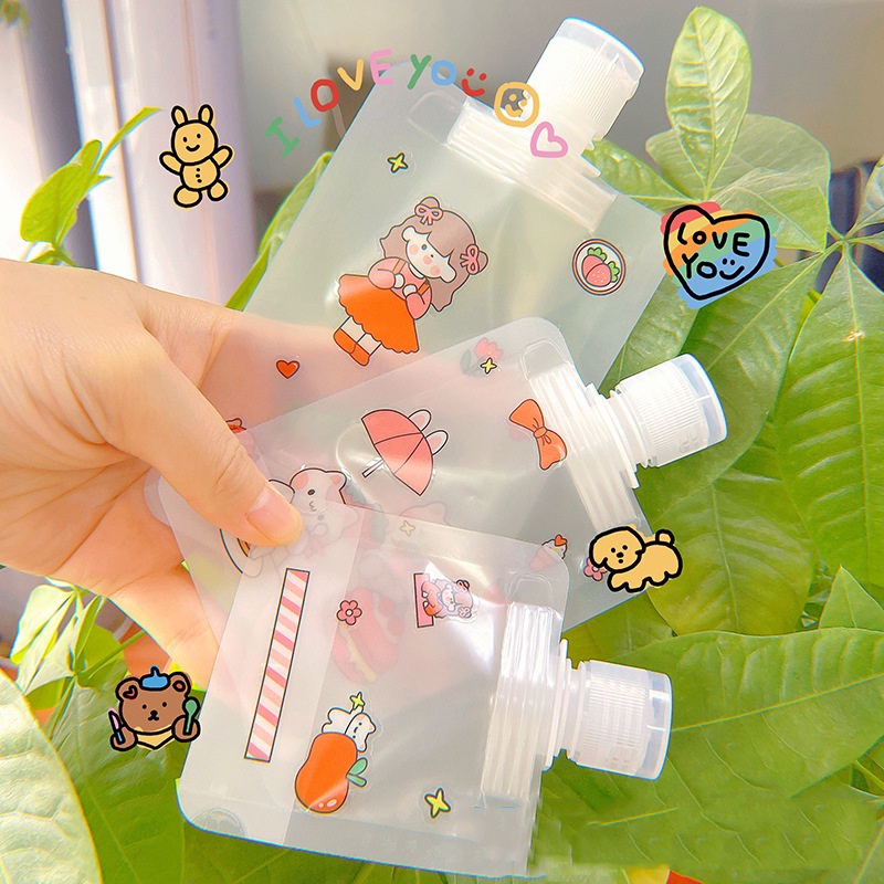 Tas Kemasan Botol Kosong Hand Sanitizer Lotion Shampoo 30 / 50 / 100ML Motif Kartun Dengan Corong Untuk Travel