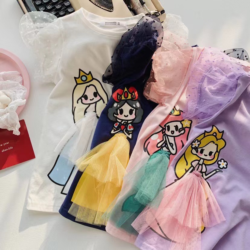 Dress Puff Sleeves anak perempuan Princess Elsa Snow White Mermaid Aurora Model T-shirt/ Dress Kasual