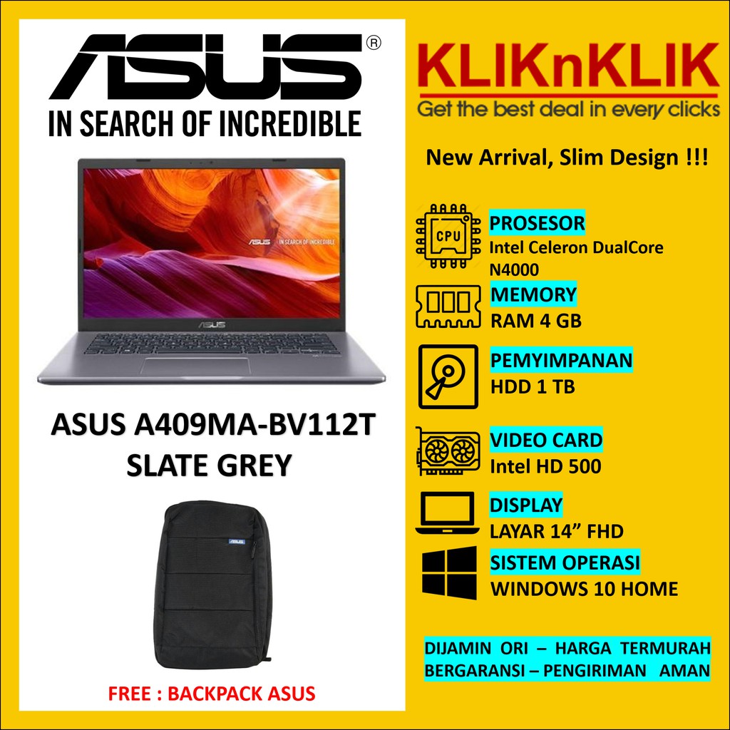 Laptop ASUS A409MA-BV112T - N4000 - RAM 4GB - HDD 1TB - FP WIN10 GREY