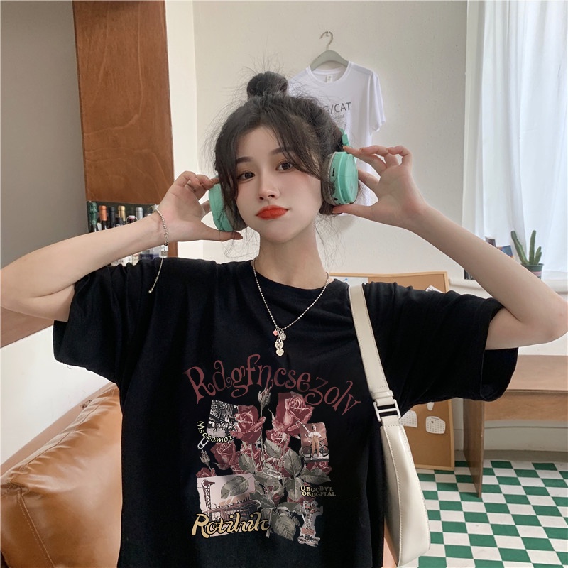 korean style Retro Printed T-shirt/Kaos Wanita Oversize SPACE Katun Baju Atasan Tumblr Tee Fashion T Shirt Cewek Perempuan Lengan Pendek