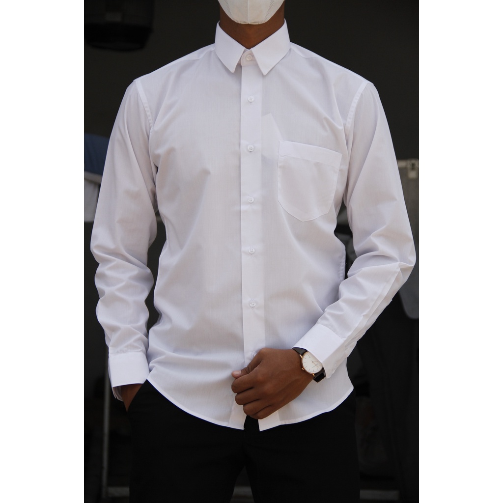 Hem Kemeja Formal Reguler Fit Stanley Adams Warna Putih Lengan Panjang Polos Fashion Kerja Pria Ukur