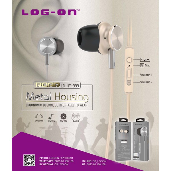 HANDSFREE EARPHONE HEADSET ROAR METAL CRYSTAL SOUND EXTRA BASS LO-HF-900 ORIGINAL LOGON