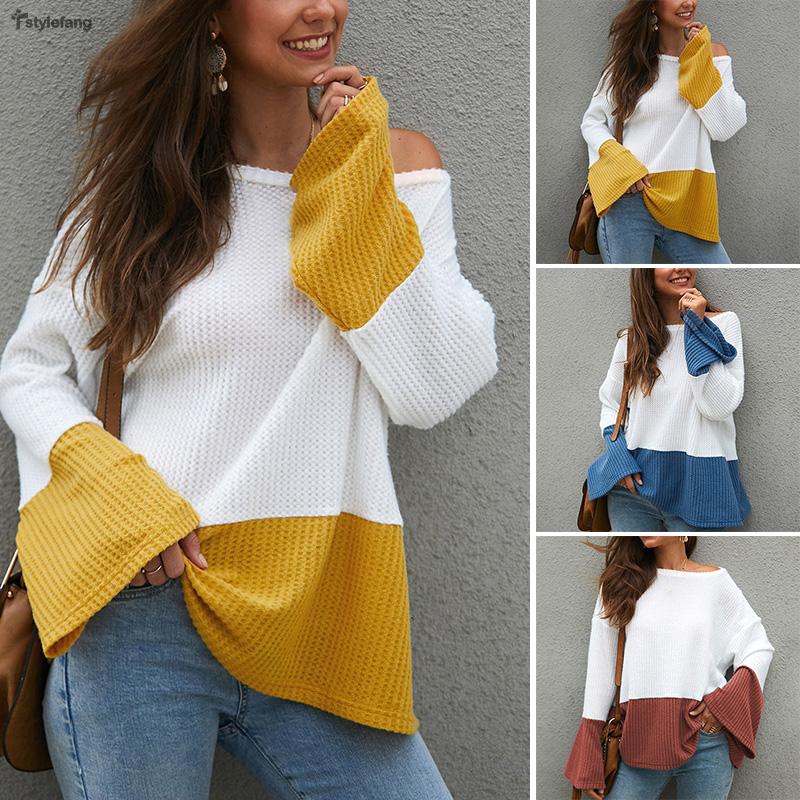 Women's Color Block Round Neck Loose Long Flared Sleeve Jumper Knitted Casual Stylish Tops Women's Color Block Round Neck Loose Long Flared Sleeve Jumper Knitted Casual Stylish Tops