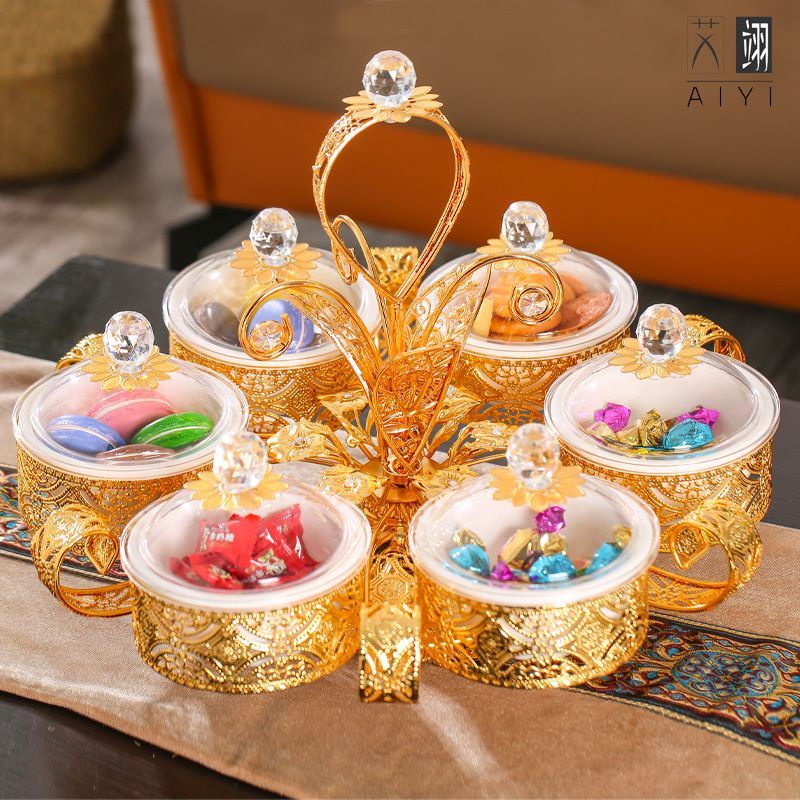 LUXURY TOPLES SNACK MODERN MEWAH GOLD METAL KUE KERING/WADAH MAKANAN RINGAN PERMEN KUE TOPLES BUNGA 