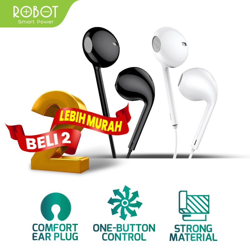(COD) Headset Wired Robot RE10 Earphone High Sound Quality Handsfree - Garansi Resmi 1 Tahun-Re10 Hitam & Putih
