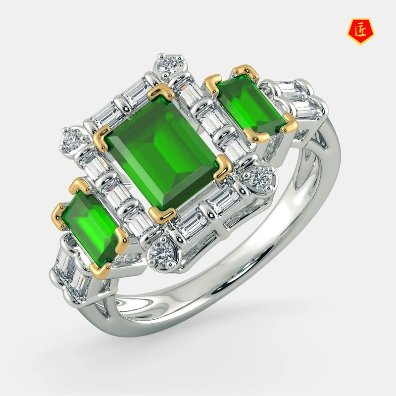 [Ready Stock]Elegant Fashion Inlaid Emerald Ruby Square Diamond Ring