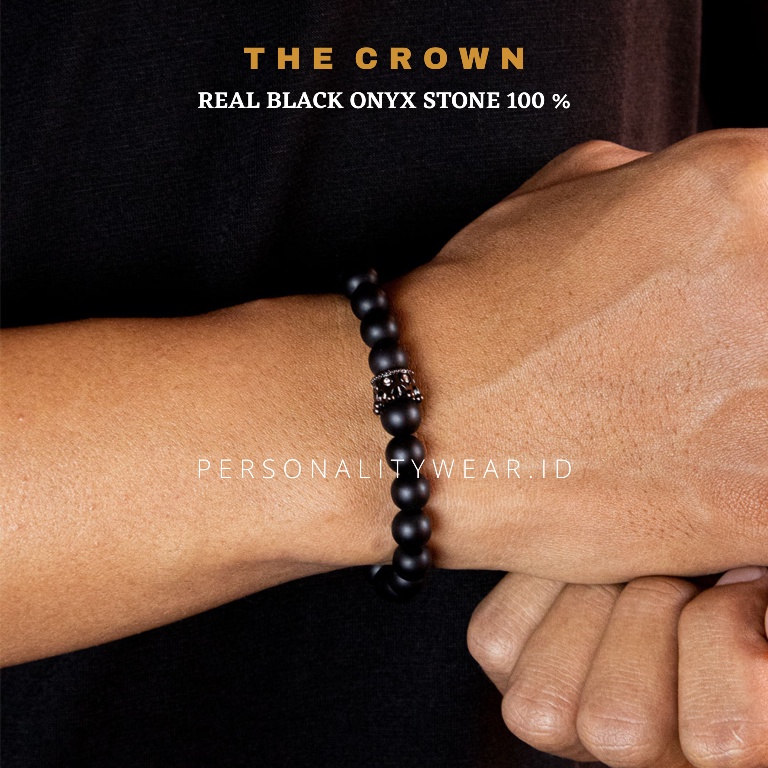 Gelang Pria Wanita Hitam Keren Kekinian Batu Black Onyx Crown