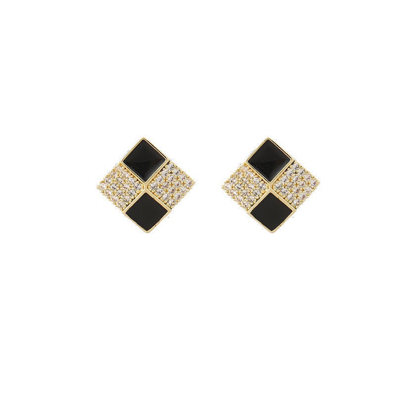 Persegi kecil hitam anting-anting perempuan 925 jarum perak dingin gaya anting-anting anting-anting