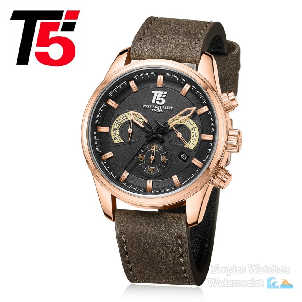 Jam Tangan T5 H3661G 3661 H3661 Pria Cowok Analog Chrono dan Tanggal Aktif Strap Leather Original Waterproof