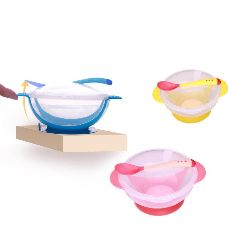 (BC) Set Mangkok Sendok Bayi Sensor Panas Anti Tumpah / Alat Makan Set - Bayi Online Shop