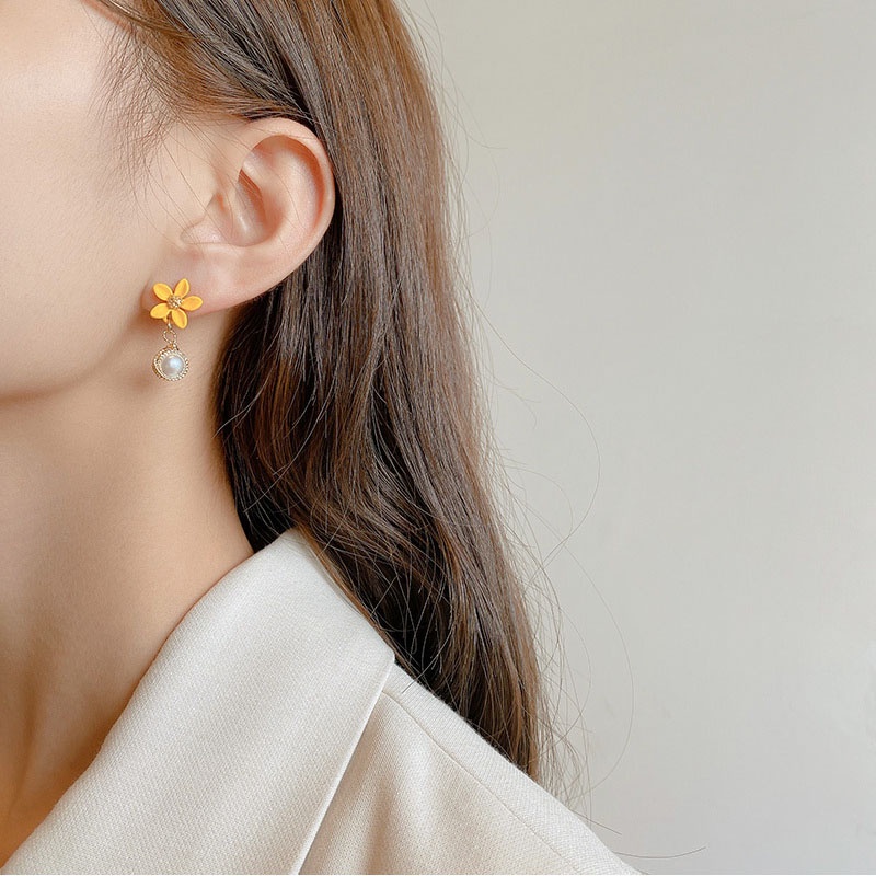 Shuling S925 silver needle Yellow Flowers Earrings Fashion Pearl Drop Earrings Female Ear Jewelry