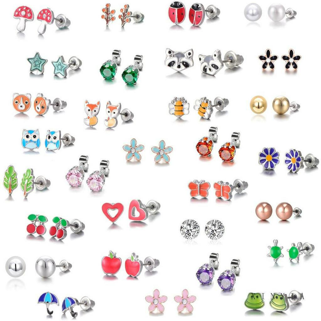 30 Pasang Anting Tusuk Hewan Lucu Warna Campuran Fox Frog Dan Set Anting Jamur