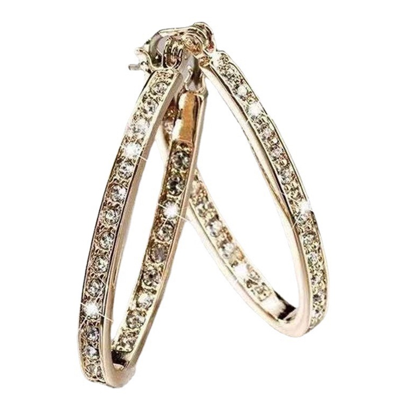 1 Pasang Anting Hoop Berlian Imitasi Bentuk Bulat Warna Emas Untuk Wanita