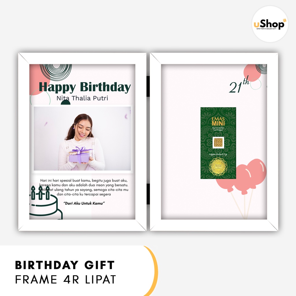 Birthday Gift Custom Foto Kado Ulang Tahun Frame 4R Lipat Logam Mulia Emas Mini