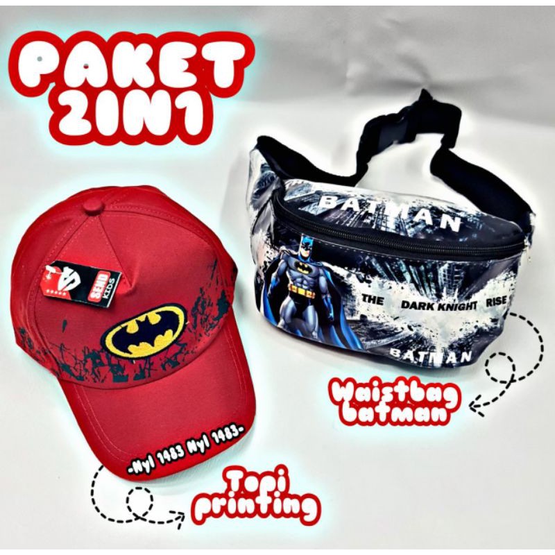 PAKET 2IN1 TAS SELEMPANG WAISTBAG ANAK SUPERHERO/ FREE TOPI KARAKTER