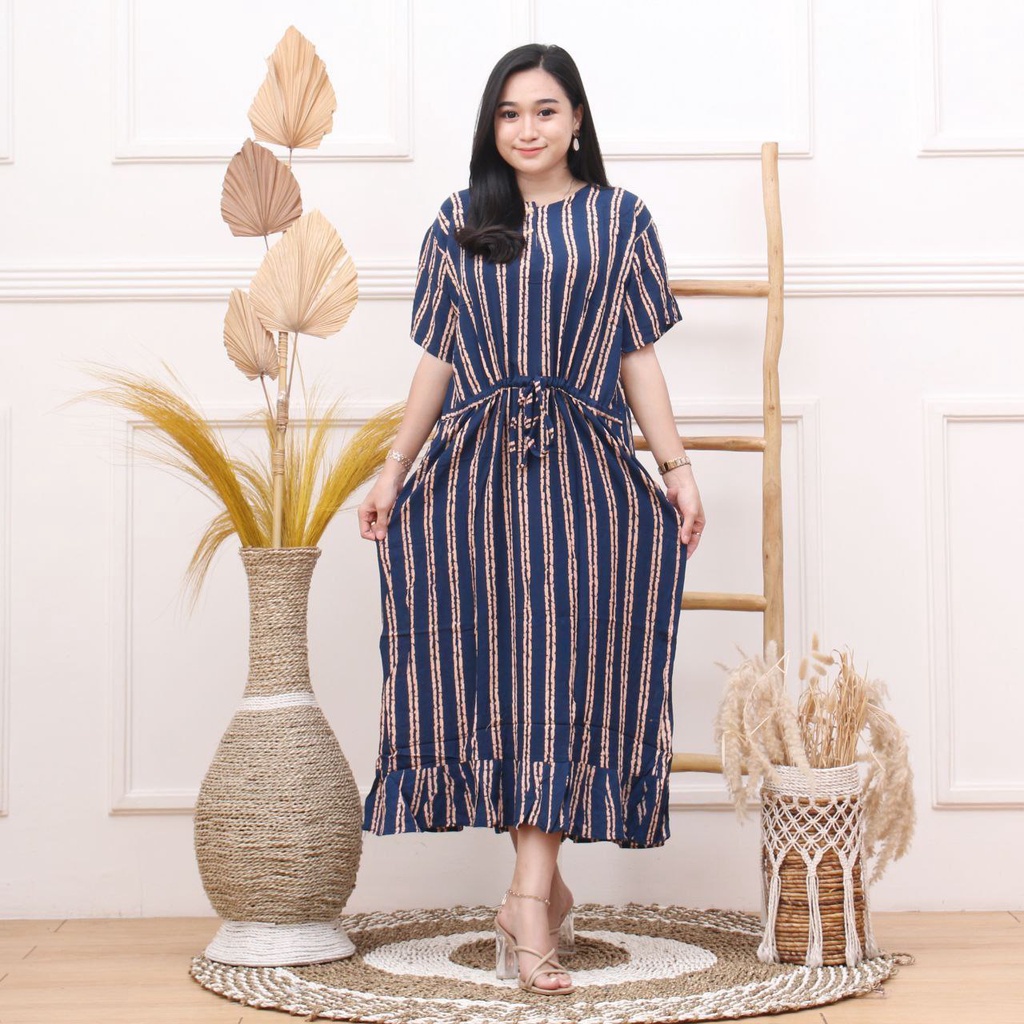 Daster Kekinian Salur Serut Rayon Premium Dress Wanita Lengan Pendek Baju Casual LD 110 cm