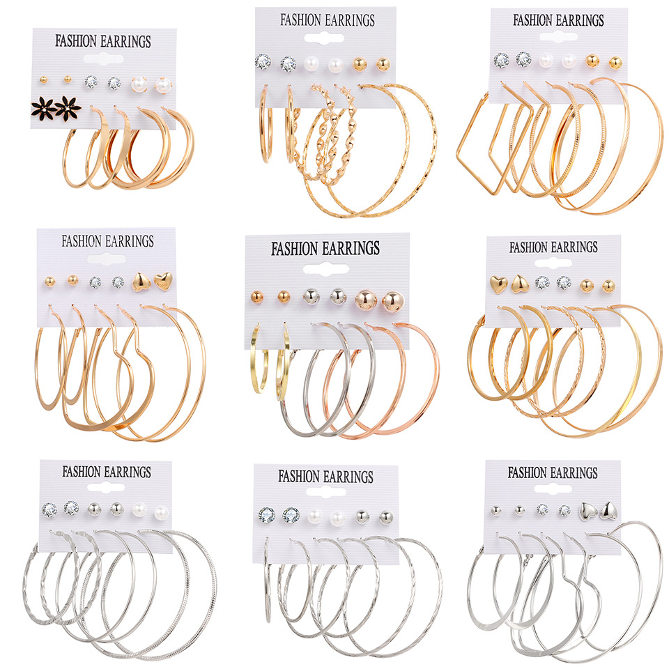 6pcs / Set Anting Tusuk Bentuk Hati Geometri Hias Mutiara + Berlian Imitasi Untuk Wanita