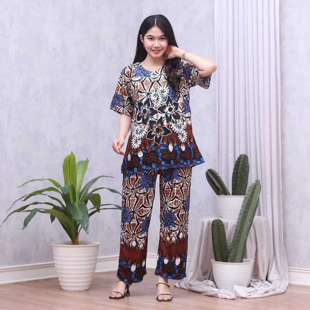 Batik Prass - Setelan Baju Tidur Busui Lengan Pendek - Piyama Batik Terbaru - Baju Santai-SUSAN BIRU