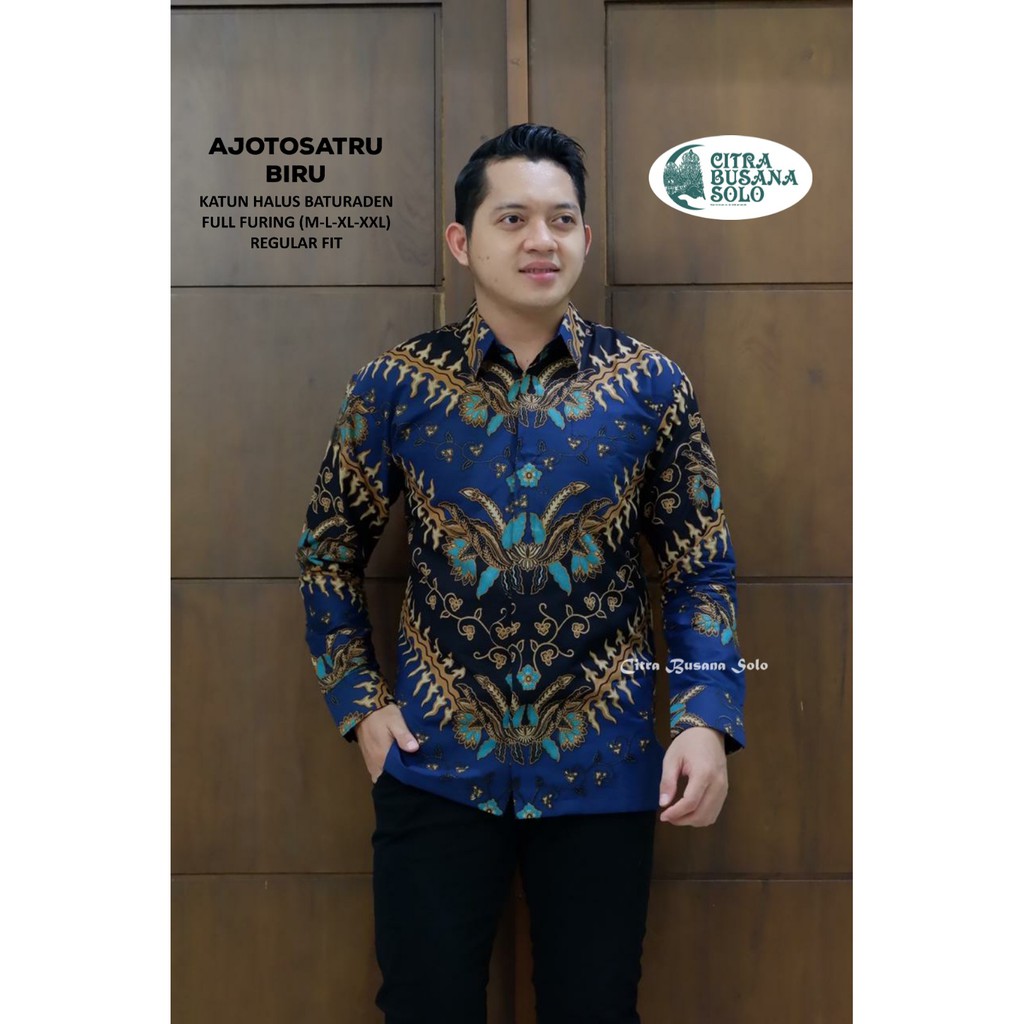 AJOTOSATRU BIRU Kemeja Batik Pria Full Furing Bahan Katun Halus Baturaden