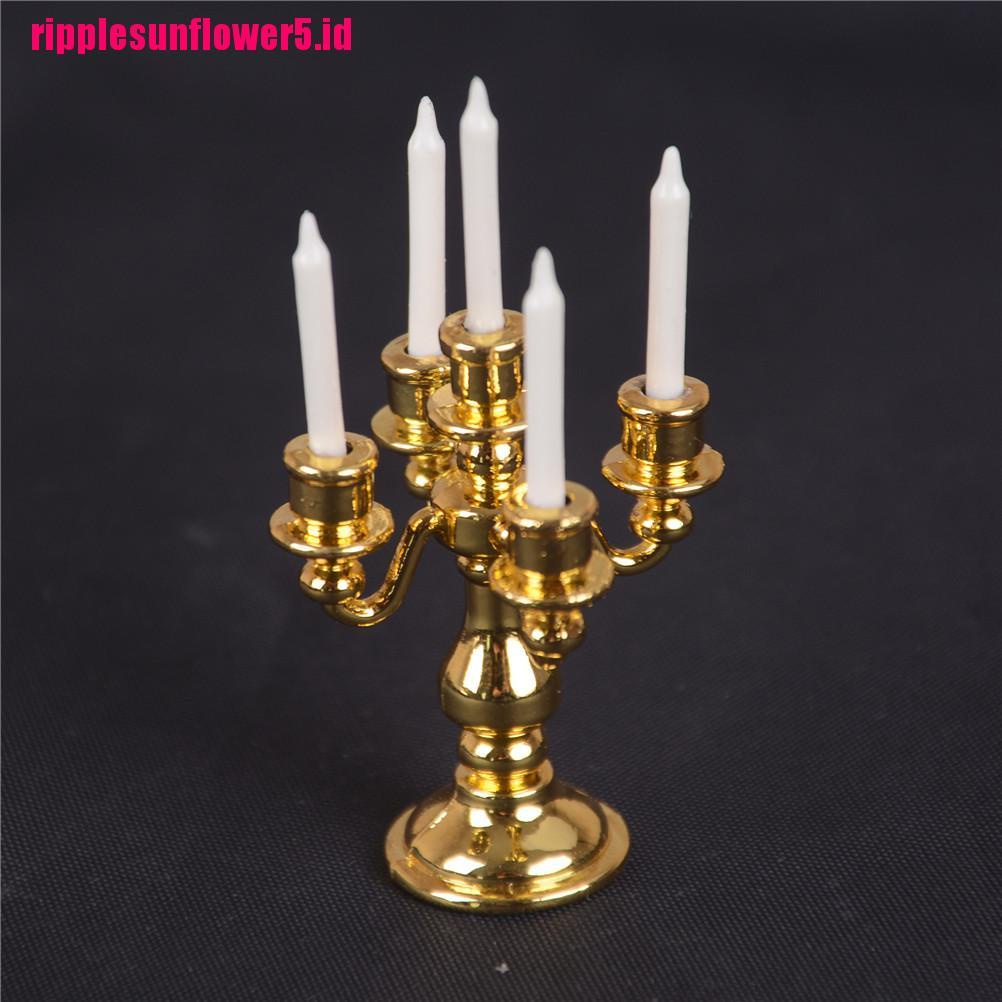 Mainan Miniatur Candelabra Emas + 5 Lilin Putih Skala 1: 12 Untuk Dekorasi Dapur Rumah Boneka