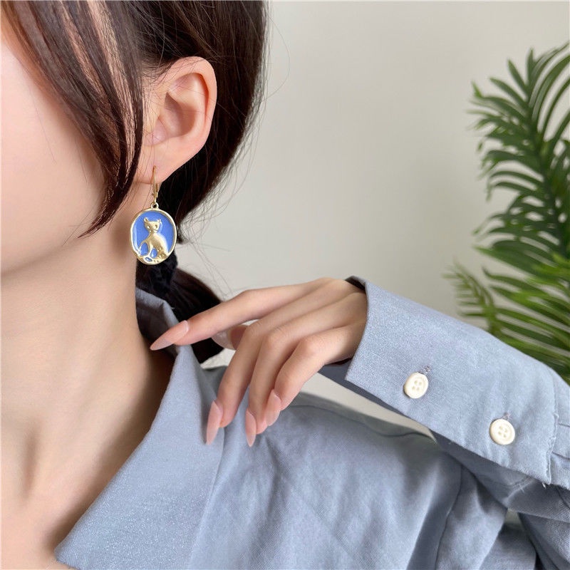 Gaya Jepang retro logam minyak menetes Biru kucing telinga cincin baru trendi niche lucu anting-anti