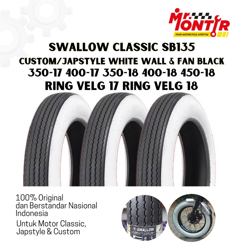 BAN MOTOR CUSTOM CLASSIC/JAPSTYLE SWALLOW CLASSIC SB135 ORIGINAL TUBETYPE VARIASI WARNA WHITE WALL &