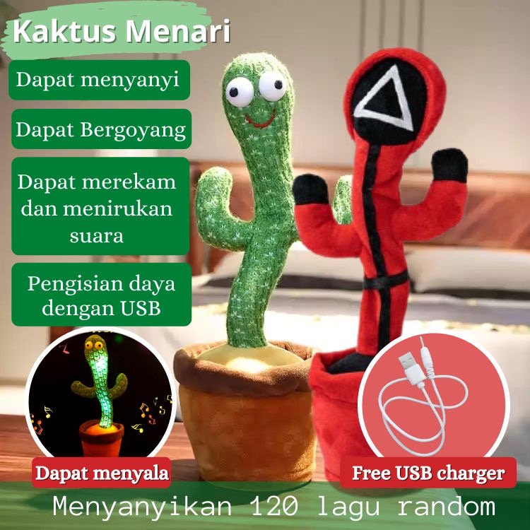 Dancing Cactus Recorder Toy Dancing Cactus Mainan Boneka Kaktus Joget Led Menari Music bisa Rekam Suara Bisa Cas with Usb Cable