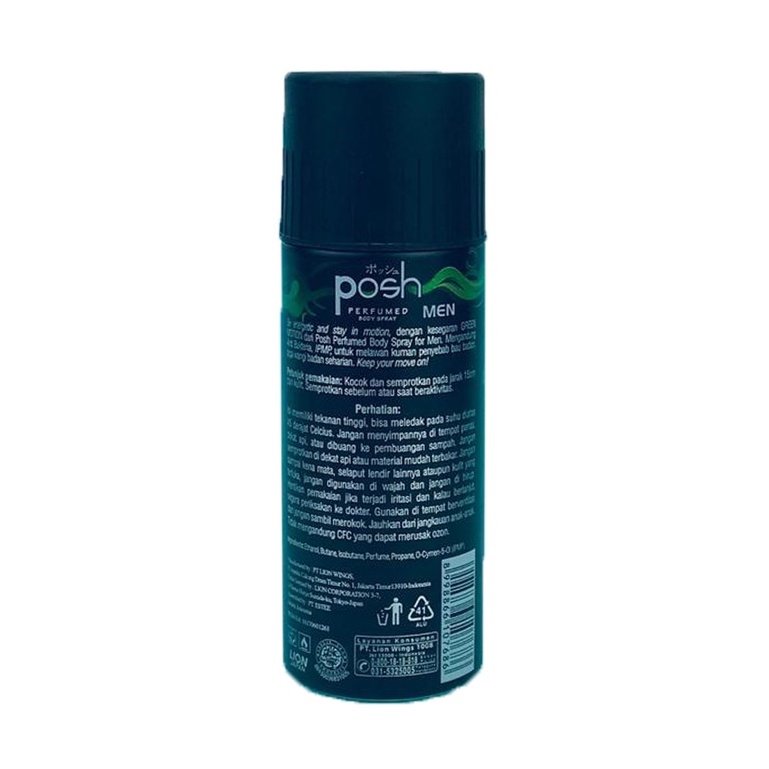 Minyak Wangi Posh * Posh Men Perfumed Body Spray * Green Motion * 150ml