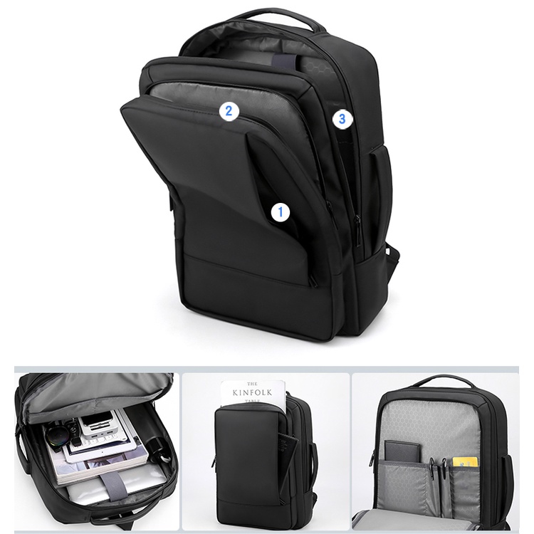 Tas Ransel Laptop Backpack dengan USB Charger Port Tas kerja Pria Wanita Exclusive muat laptop 13 14 15 15,6 inch notebook bagus import bahan Polyester tas bandara airport tas profesional muda tas kantoran kantor tas tangan 2 koper pelindung laptop