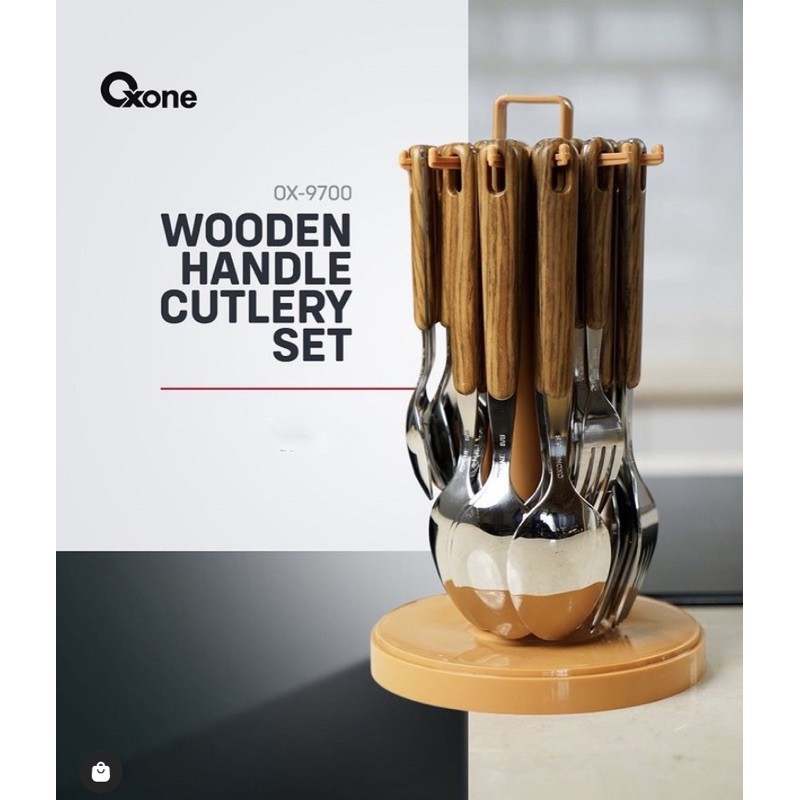 Oxone OX-9700 24Pcs Wooden Handle Cutlery Set  With Cover ,24pcs Sendok Garpu Set Dengan Wadah Tutup