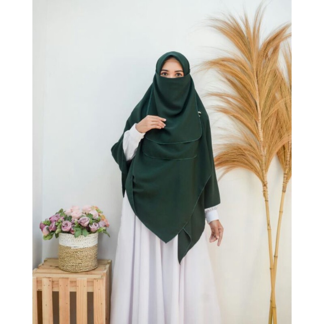 HIJAB SEGIEMPAT JUMBO 150x150 SET CADAR HIJAU BOTOL/JILBAB SEGIEMPAT JUMBO PLUS CADAR HIJAU BOTOL