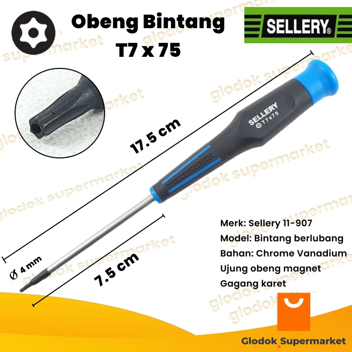 Obeng Bintang T7 x 75 Sellery 11-907 Star Lubang Panjang Besi 75mm Magnet Gagang Karet