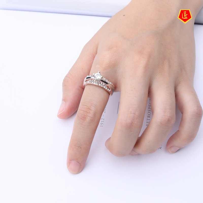 [Ready Stock]14K Rose Gold Square Diamond Ring Creative Elegant