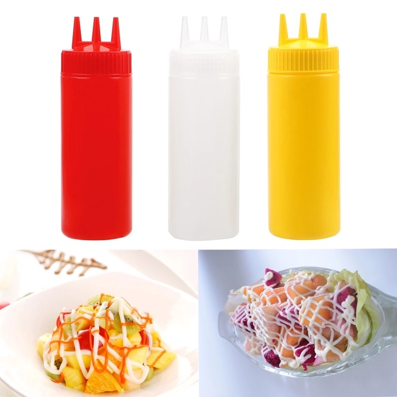 [PE Three-hole Squeeze Sauce Bottle Mustard Bottle] [Food Grade Plastic Squeeze Bottle, Condiment Dispenser] [Sauce Vinegar Ketchup Container] [Kitchen Seasoning Bottle]