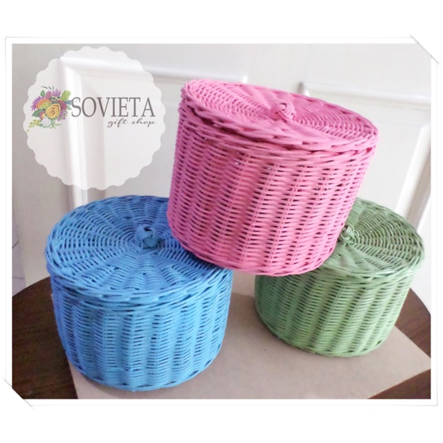 Keranjang Rotan Keranjang Bulat Toples Tutup - Ready Banyak Warna