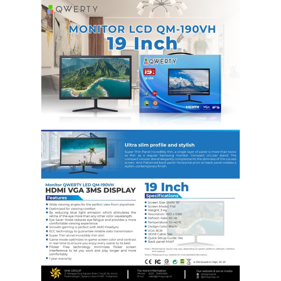 Monitor Qwerty 19 Inch Led HD Hdmi / VGA Port Office/Gaming
